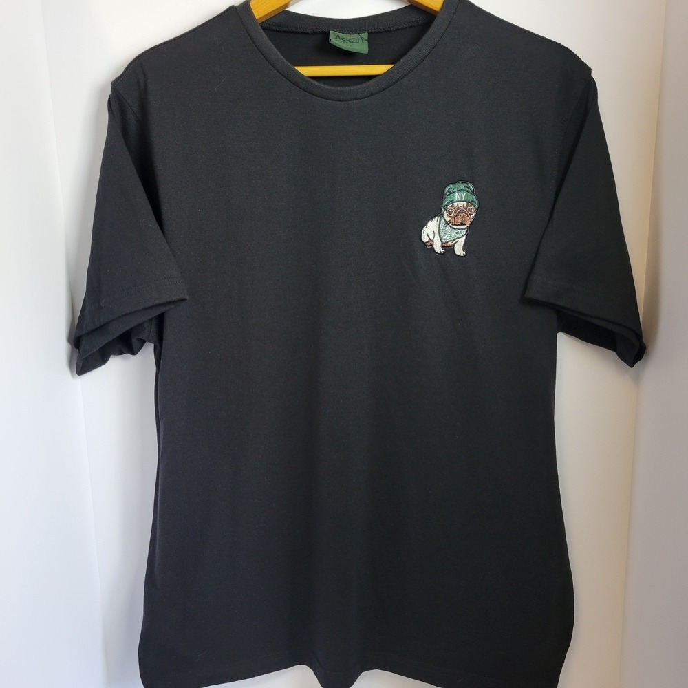 Askan NYC Mens XL Black Short Sleeve T-Shirt Embroidered Pug Dog Graphic Tee